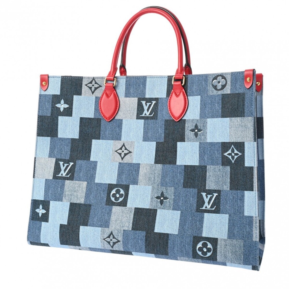 Louis Vuitton Monogram Handbag Bag Blue Denim OnTheGo Tote Leather Red
